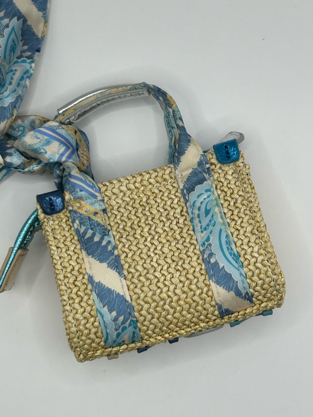 Kurt Geiger Straw Mini Bag with Blue & Cream Scarf Accents - Picture 2 of 10